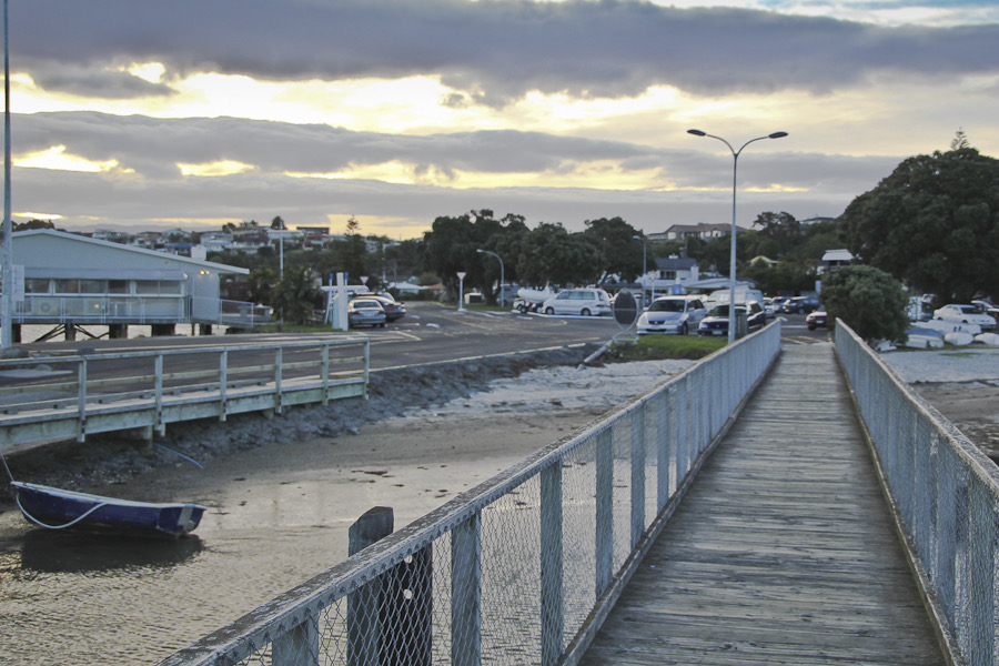 The Ōmokoroa wharf walkway at dusk